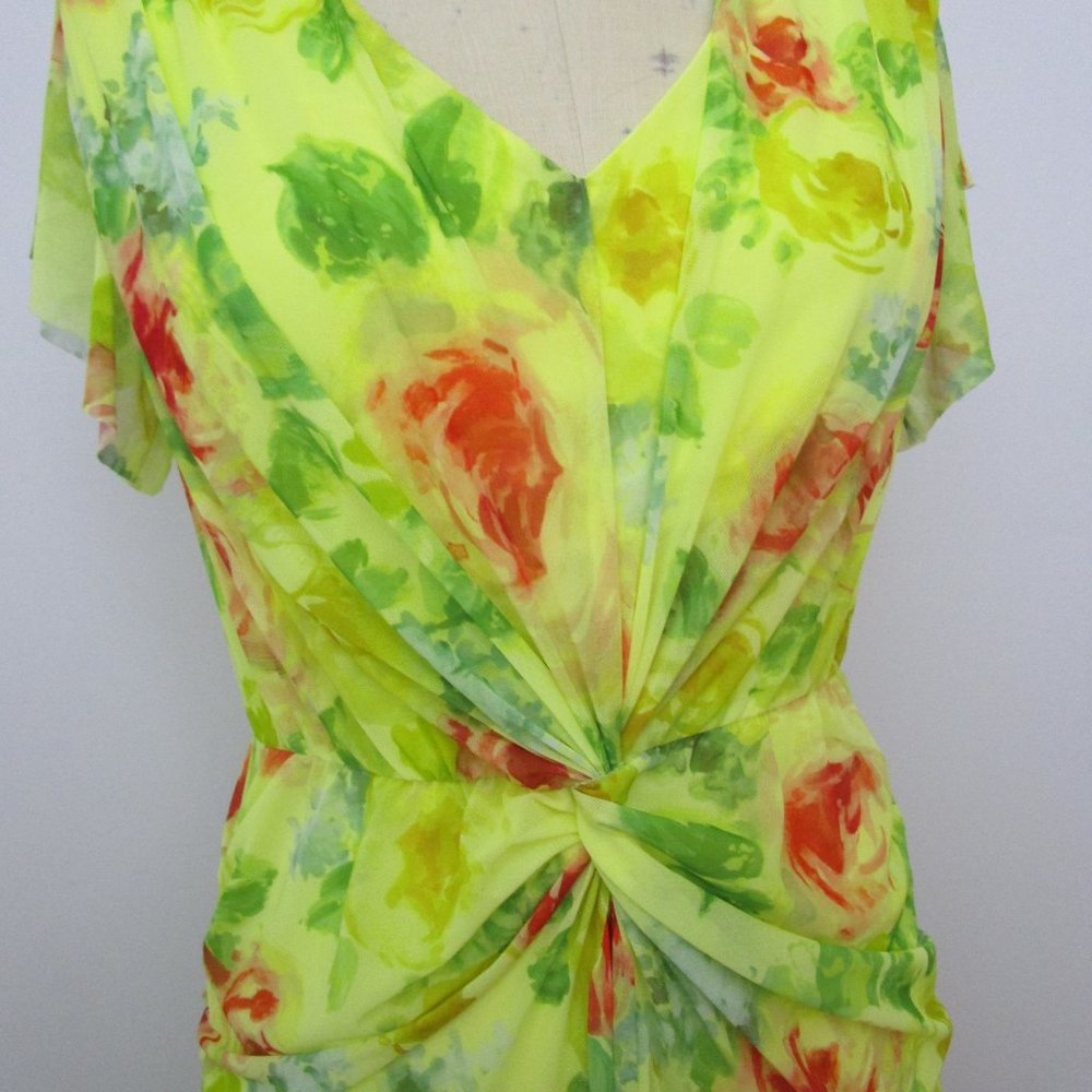 Curvy Shirring Drape Dress Lemon Sheer Mesh Floral